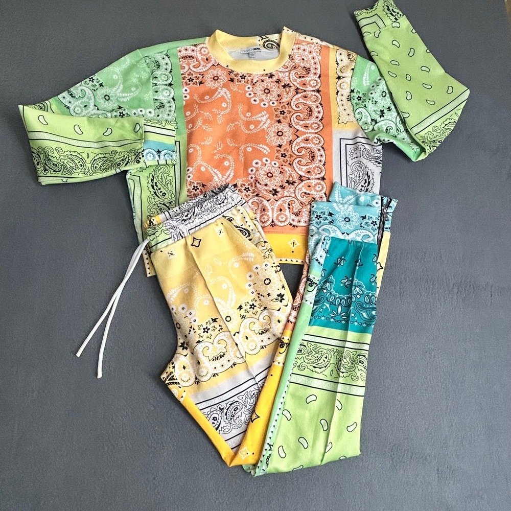 Fashion Nova Tracksuit Women Multi Color Bandana Patchwork Set Joggers Crop Top